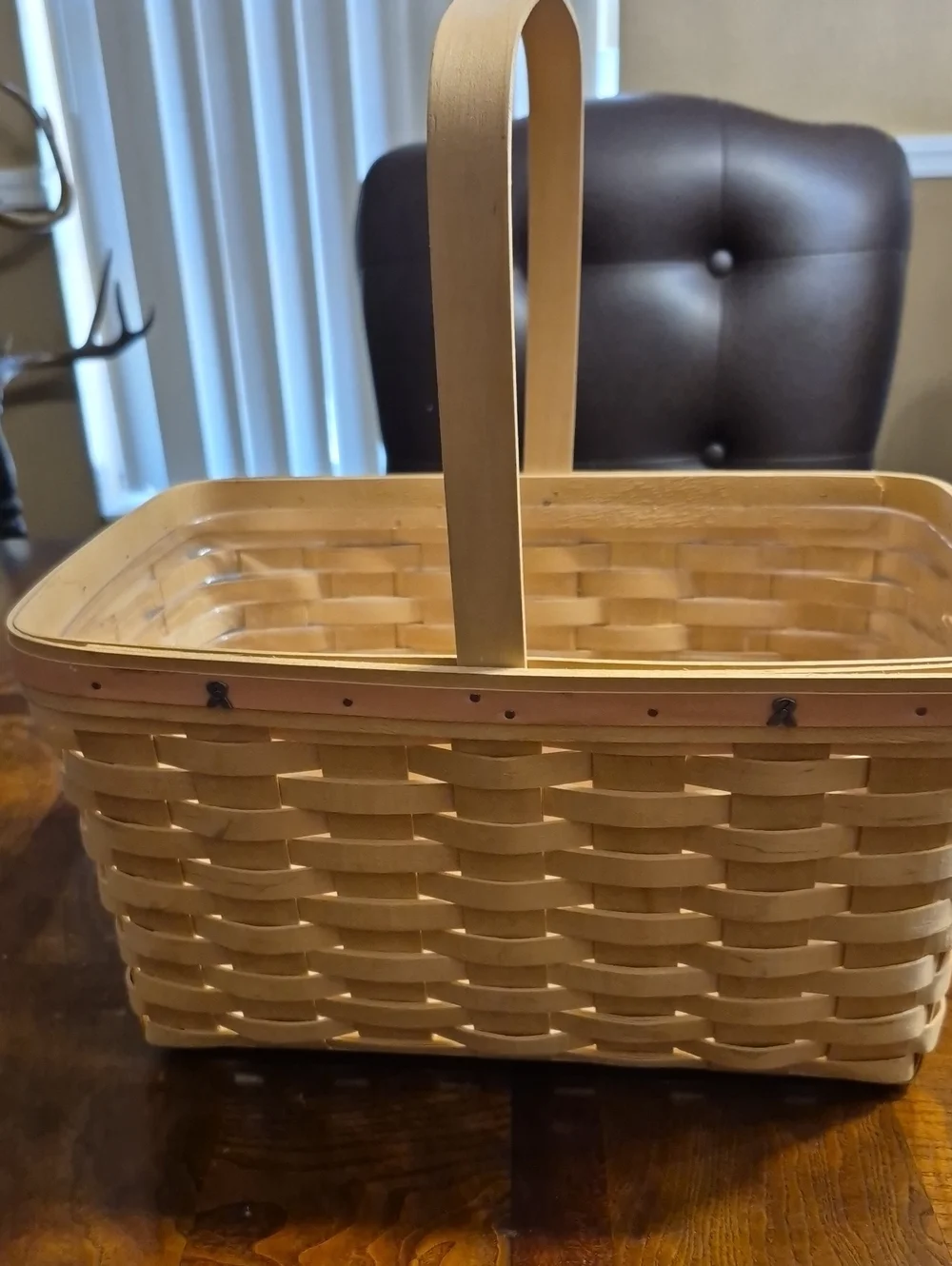 Longaberger Natural Wood Basket with Pink Trim and Ribbon